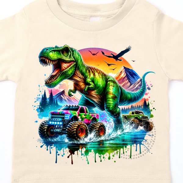 Dinosaur Big Trucks Watercolor Sublimation Digital Download PNG Kids Shirt Design, Kids PNG Designs for T-Shirt, Dinosaur Birthday Party PNG