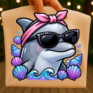 May include: A gray dolphin wearing black sunglasses with rhinestone accents and a pink headband. The dolphin is surrounded by blue and purple seashells and bubbles, with a blue wave at the bottom. The image is on a tan background.