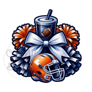 Cheer Orange Blue Pom Poms Bow Sublimation Digital Download PNG Football Design