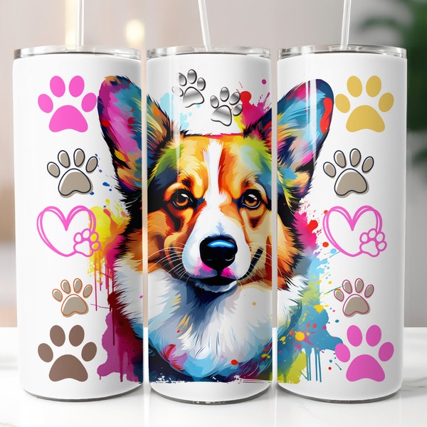 Corgi Watercolor 20 oz Skinny Tumbler Sublimation Digital Download PNG Dog Tumbler Wrap