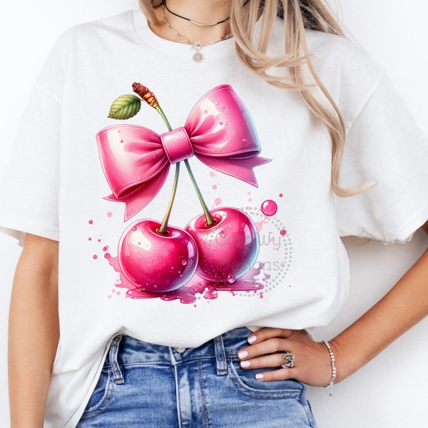Cherries Coquette Bows Watercolor Sublimation Digital Download PNG Design, Pink Bow, Soft Girl PNG, Girlie Png, Shirt Png Design
