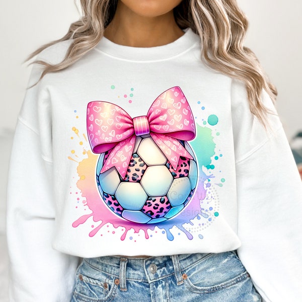 Soccer Ball Coquette Bow Watercolor Sublimation Digital Download PNG Shirt Design, Soft Girl Era PNG, Girly Girl Shirt PNG, Gift for Soccer