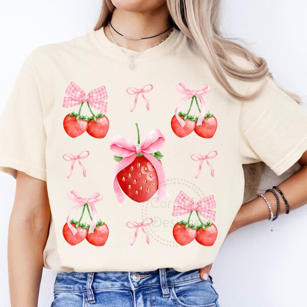 Cherry Coquette Bow PNG Strawberry Coquette Bow PNG Watercolor Sublimation Digital Download Design with Strawberry Shirt PNG Cherries