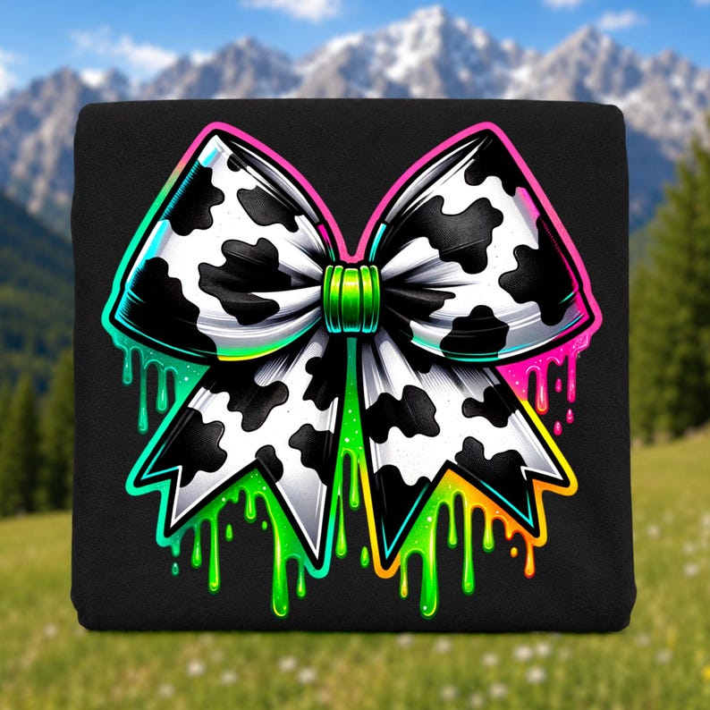 May include: A black fabric square featuring a large, central bow graphic with a black and white cow print pattern. The bow is outlined in vibrant neon pink, green, and orange, with paint-like drips extending downward from the edges.
