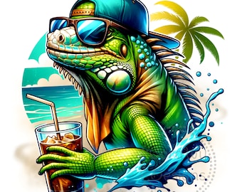 Iguana on Beach Watercolor Sublimation Digital Download PNG Reptile Design