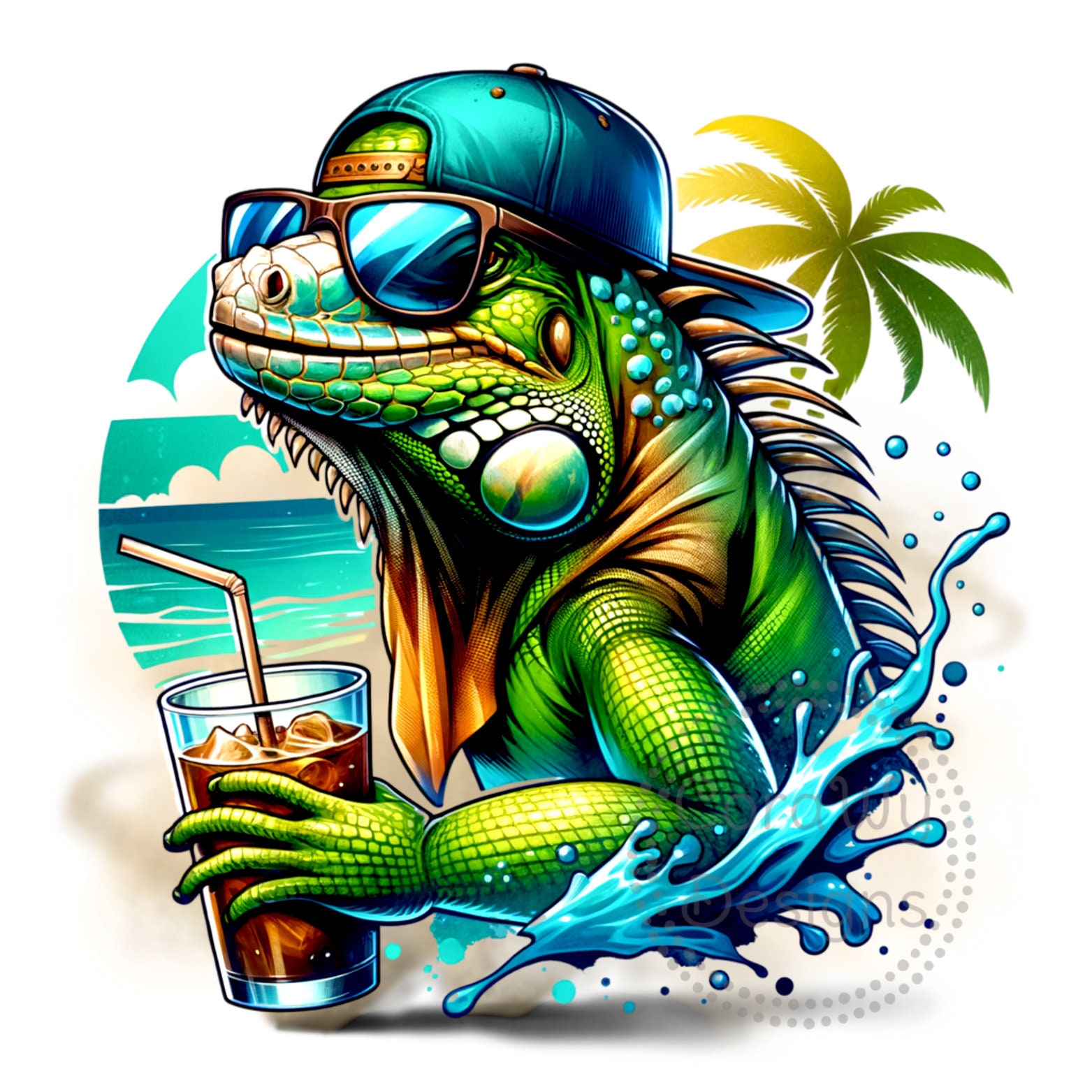 Iguana on Beach Watercolor Sublimation Digital Download PNG Reptile Design
