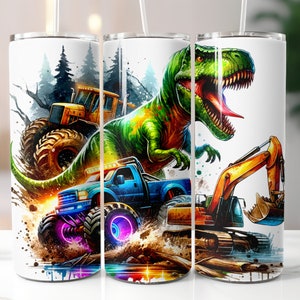 Dinossauros aquarela 20 onças skinny tumbler sublimação digital download bulldozer design t-rex dinossauro presente de aniversário