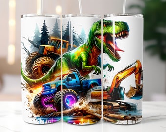 Dinosaurs Watercolor 20 oz Skinny Tumbler Sublimation Digital Download Bulldozer Design T-Rex Dinosaur Birthday Gift