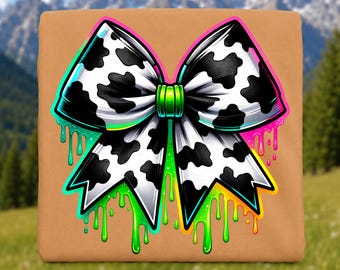 Diseño de lazo neón con estampado de vaca en acuarela para sublimación, descarga digital PNG.
