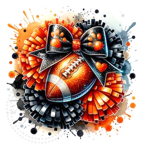 Cheer Orange and Black Watercolor Sublimation Digital Download PNG Cheerleading Design with Pom Poms