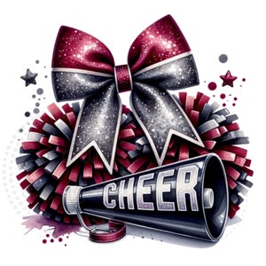 Cheer Grey and Maroon Watercolor Sublimation Digital Download PNG Cheerleading Design with Pom Poms