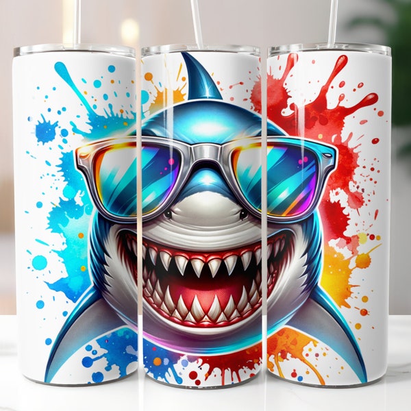 Funny Shark Watercolor 20 oz Skinny Tumbler Sublimation Digital Download PNG Design Gift for Shark Lovers