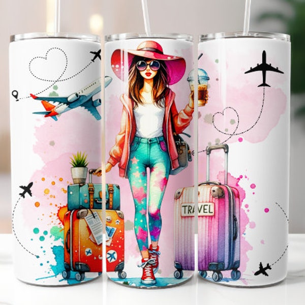 Cute Girl Traveling 20 oz Skinny Tumbler Sublimation Digital Download PNG Flying Tumbler Wrap