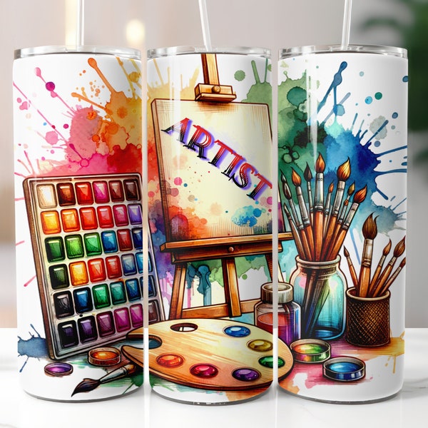 Artist Watercolor 20 oz Skinny Tumbler Sublimation Digital Download PNG Design, Gift for an Artist, Painter Tumbler Wrap