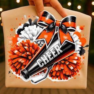Cheer Orange Schwarz Aquarell Sublimation Digitaler Download PNG Cheerleader Design mit Pom Poms