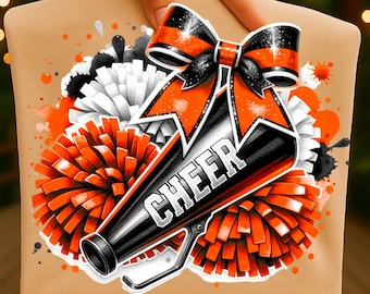 Cheer Orange Black Watercolor Sublimation Digital Download PNG Cheerleading Design with Pom Poms