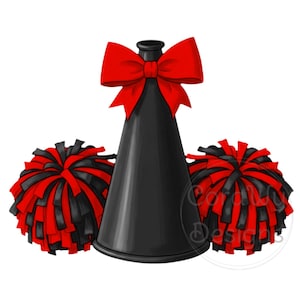 Cheer Megaphone Pom Poms Red Black Sublimation Digital Download PNG Cheerleading Design