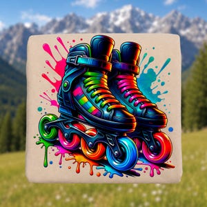 Peut inclure: Une paire de rollers en ligne noirs avec un motif arc-en-ciel multicolore vif sur les côtés et les lacets. Les rollers sont agrémentés de motifs d'éclaboussures de peinture néon rose, vert, orange et bleu et de roues colorées.