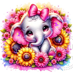 Baby Elephant Sunflowers Sublimation Digital Download PNG Design
