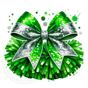 Cheer Green and Silver Pom Pom Cheer Bow Watercolor Sublimation Digital Download PNG Cheerleading Design