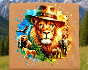 Diseño de camiseta PNG con diseño de leones, animales de safari, acuarela, sublimación, descarga digital.