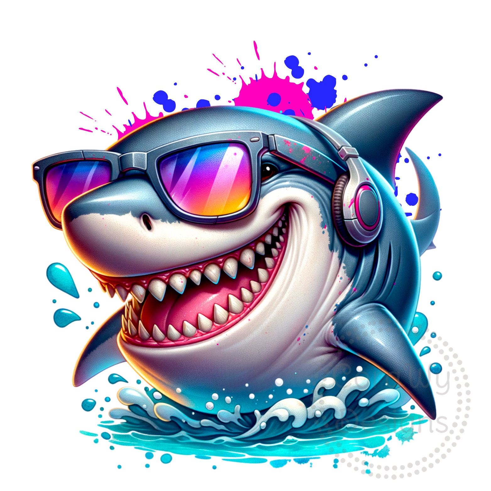 Funny Shark Sunglasses Watercolor Sublimation Digital Download PNG Design Ocean Fish PNG