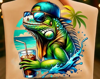 Iguana sulla spiaggia Acquerello Sublimazione Download digitale PNG Design rettile