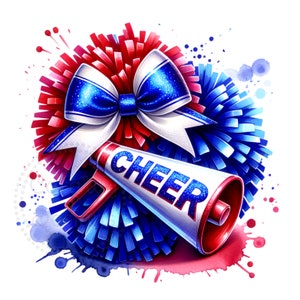 Cheer Red, White, Blue Watercolor Sublimation Digital Download PNG Cheerleading Design with Pom Poms