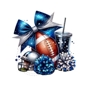Cheer Navy Blue and Silver Bow Watercolor Sublimation Digital Download PNG Cheerleading Football Design with Pom Poms