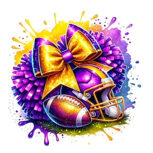 Cheer Purple and Yellow Bow Watercolor Sublimation Digital Download PNG Cheerleading Design with a Football