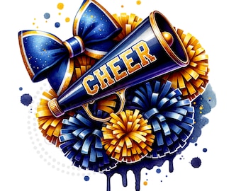 Cheer Blue and Gold Watercolor Sublimation Digital Download PNG Cheerleading Design