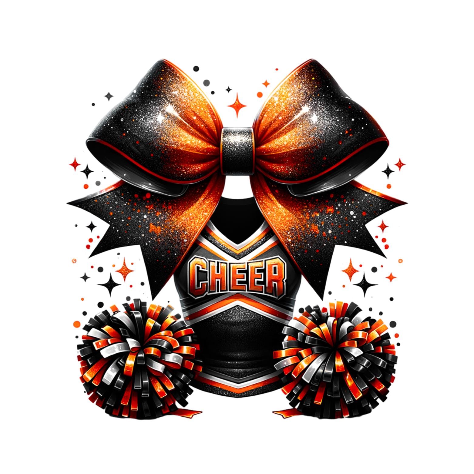 Cheer Uniform Bow Poms Orange Black Sublimation Digital Download PNG Cheerleading Team Logo Camp Competition Design