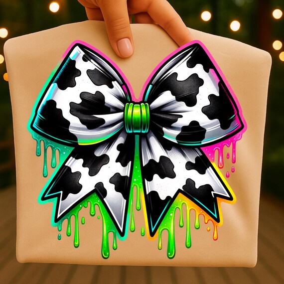 Cow Print Neon Bow Watercolor Sublimation Digital Download PNG Coquette Bow Design