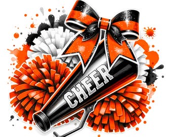 Cheer Orange Black Watercolor Sublimation Digital Download PNG Cheerleading Design with Pom Poms
