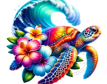 Sea Turtle Flowers Watercolor Sublimation Digital Download PNG Ocean Fish Design