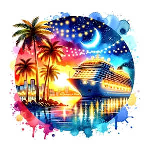 Cruise Ship Watercolor Sublimation Digital Download PNG Vacation Travel Design