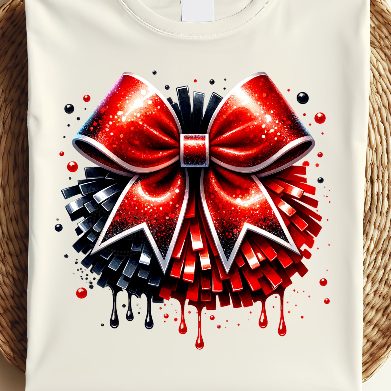 Cheer Red and Black Watercolor Sublimation Digital Download PNG Pom Poms Bow Design for Cheerleading