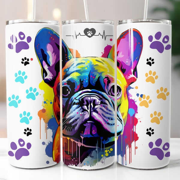 French Bulldog Watercolor 20 oz Skinny Tumbler Sublimation Digital Download PNG Dog Design, Frenchie Tumbler Wrap