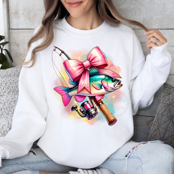 Fishing Coquette Bow Watercolor Sublimation Digital Download PNG, Gift for daughter, Soft Girl Era, Bass Fishing Png, Fishing Shirt Design