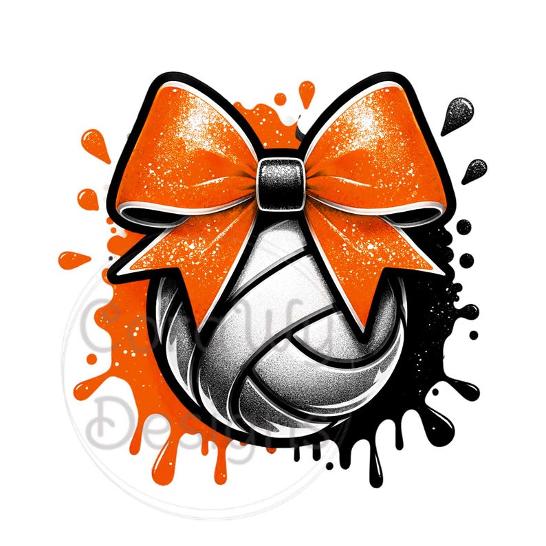 May include: A volleyball design featuring a large orange bow with black trim atop a black and white volleyball. Orange paint splatters on the left and black paint splatters on the right. The design is on a white background.