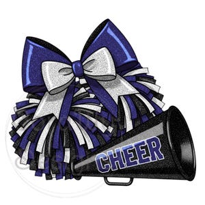 Cheerleading Royal Blue Black Pom Poms Bow Sublimation Digital Download PNG Cheer Megaphone