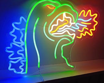 Letrero de neón LED "El Rey de los Monstruos" - Letrero luminoso de película de ciencia ficción - Lámpara de dinosaurio Godzilla - Wallart hecho a mano en Francia