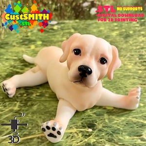 Op de afbeelding: Een 3D-geprint model van een witte Labrador Retriever puppy die op zijn buik ligt met zijn poten uitgestrekt. Het model is gedetailleerd met realistische kenmerken, waaronder vacht, ogen en een neus. De afbeelding bevat de tekst "CustSmith .STL" en "NO SUPPORTS - DIGITAL DOWNLOAD FOR 3D PRINTING".