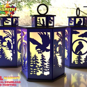 May include: Blue hexagonal lanterns with eagle and tree silhouettes, illuminated from within. The lanterns have a handle on top and are decorated with the text "CustSMITH STL" and "DIGITAL DOWNLOAD FOR 3D PRINTING".