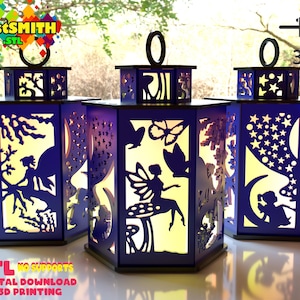 Lanterna fatata STL / Luce notturna magica stampata in 3D / Lampada a pannello con stella e luna fantasy / Nessun supporto / Download digitale