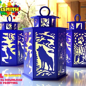 May include: Three blue wooden lanterns with intricate cutouts of wolves, trees, and a moon. The lanterns are hexagonal and have a handle on top. The text "CustSMITH .STL" is visible in the top left corner of the image.
