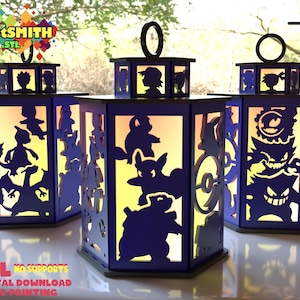 Lampada Lanterna Cartoon STL / Luce notturna fantasy stampata in 3D - Pannelli con silhouette di creature stravaganti / Senza supporti - Download digitale