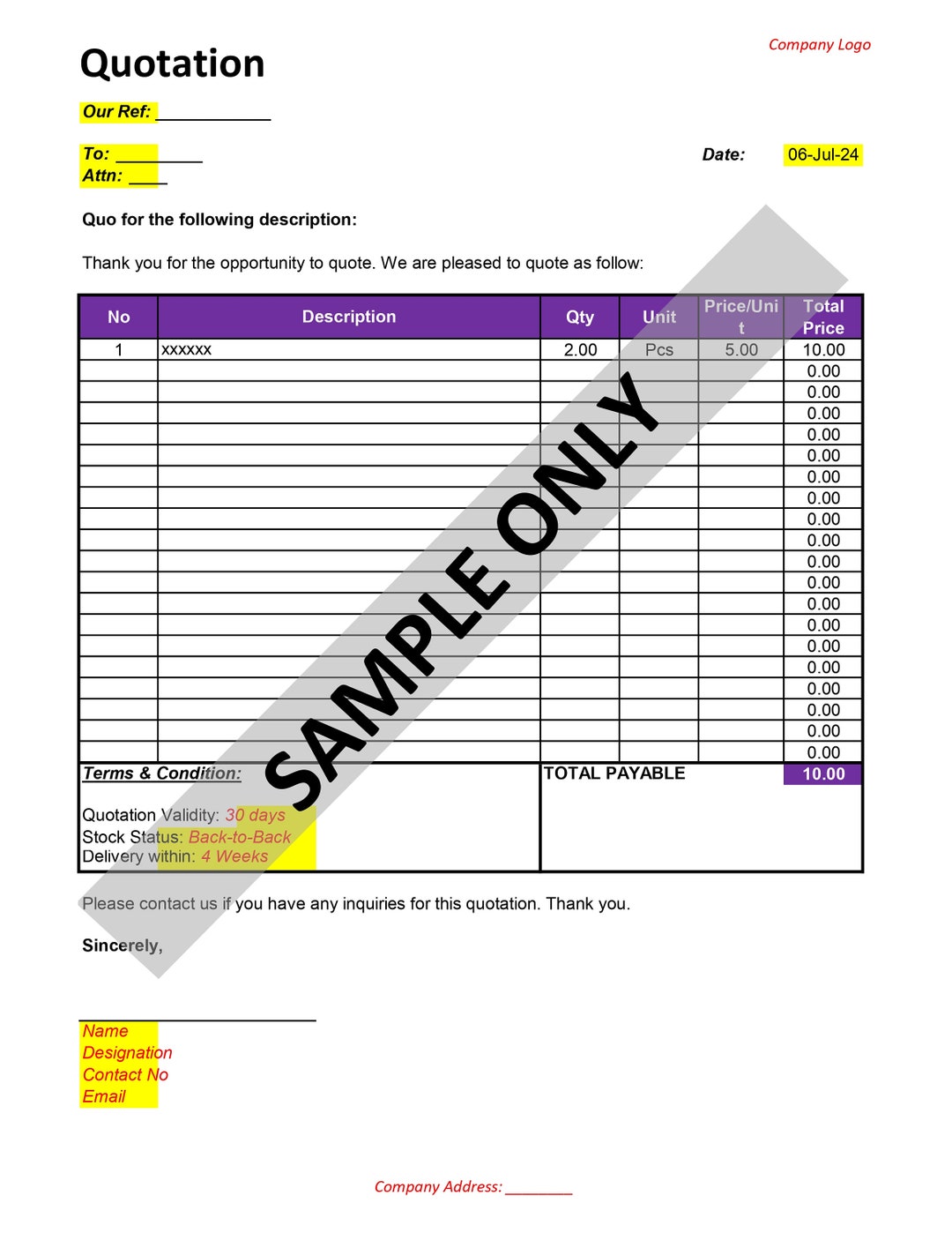Small Quotation Example Quotation Template (editable) for Small Business, Job Quote - Etsy UK