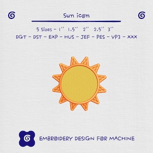 May include: Embroidered sun icon in yellow and orange, with text indicating sizes from 2.5 cm to 7.6 cm. The design is for machine embroidery, with various file formats listed.