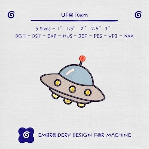 Diseño de bordado de nave espacial alienígena OVNI, archivo de bordado a máquina de platillo volador adorable, patrón de icono de ciencia ficción, descarga instantánea, 5 tamaños.